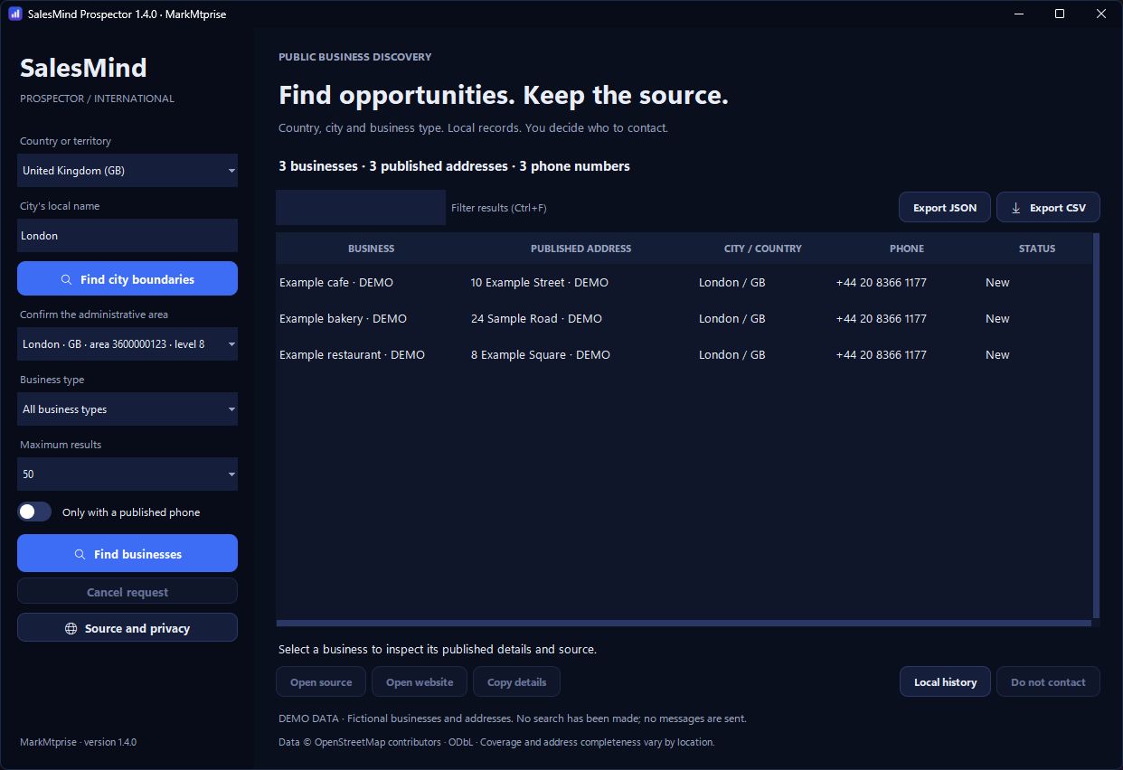 SalesMind Prospector 1.4.0 on Windows. Left: country United Kingdom, city London, confirmed area, business type and a 50-result limit. Right: three example businesses marked DEMO, with published address, city and phone, plus Export JSON and Export CSV buttons.
